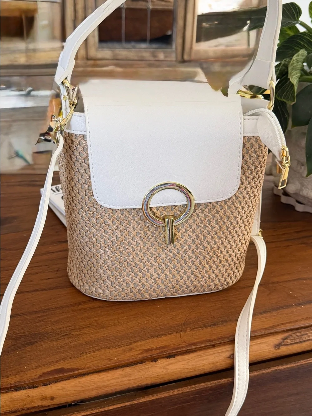 Neutral Woven Bucket Bag with White Trim and Gold Ring Accent